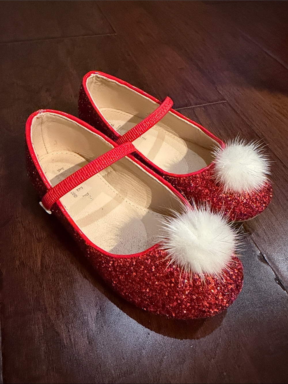 Sparkling Red Glitter Mary Jane Shoes with White Pom for Girls
